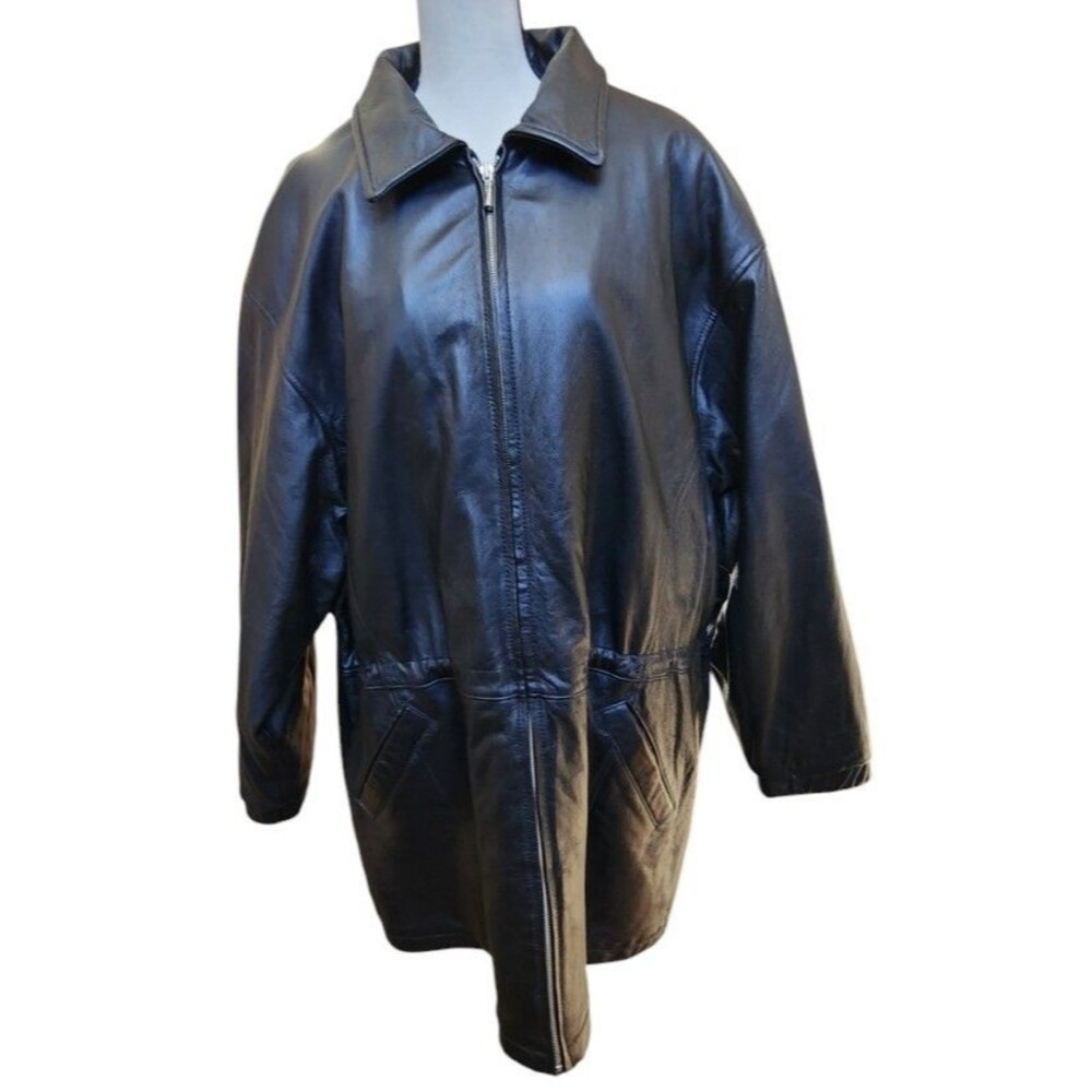 Wilson's Leather Black Coat Size XL Inner Drawstring Waist Full Zip Vintage
